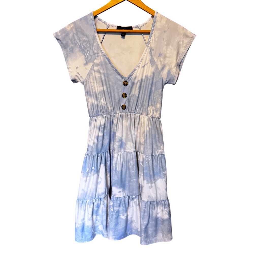 Derek Heart Women Light Blue Tiered Tie Dye V-Neck Tiered Mini Dress Small